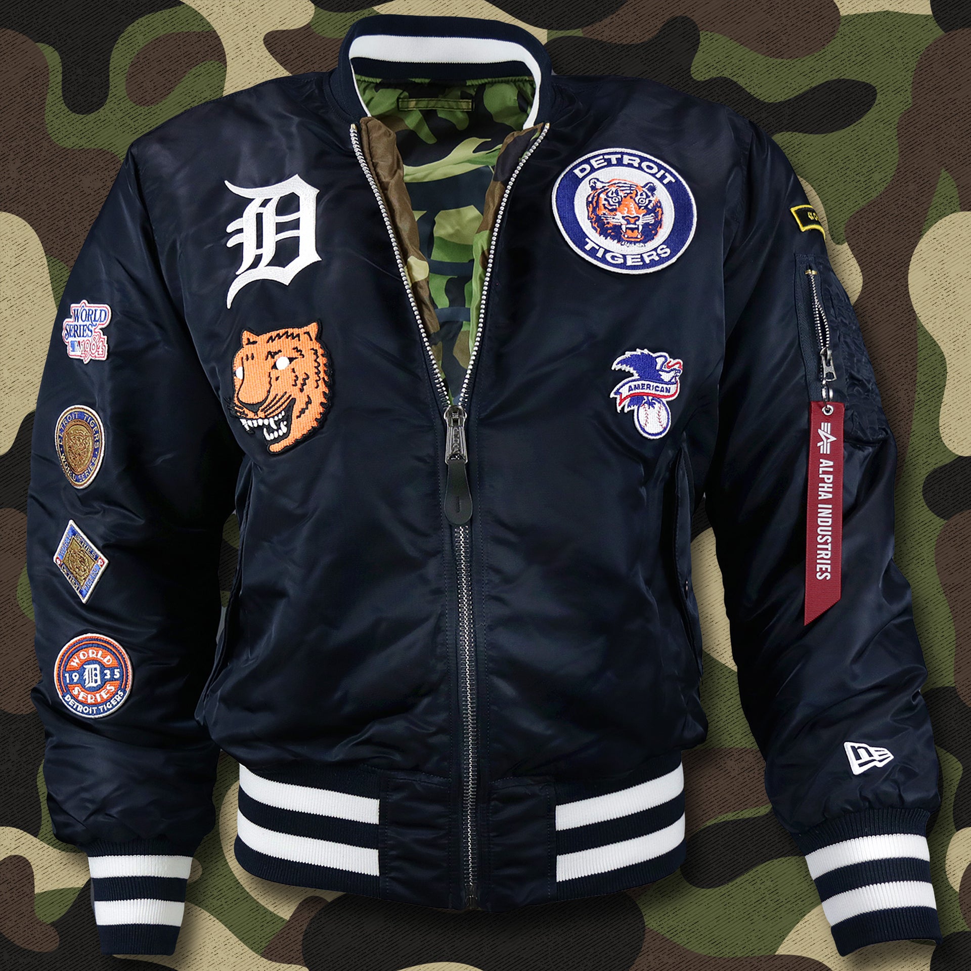 The front of the Detroit Tigers MLB Patch Alpha Industries Reversible Bomber Jacket With Camo Liner | Navy Blue Bomber Jacket