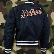 The backside of the Detroit Tigers MLB Patch Alpha Industries Reversible Bomber Jacket With Camo Liner | Navy Blue Bomber Jacket