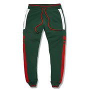 the green and red gucci colorway track pants are solid green with red and white accents along the pantleg of the gucci colorway green and red inspired track pants