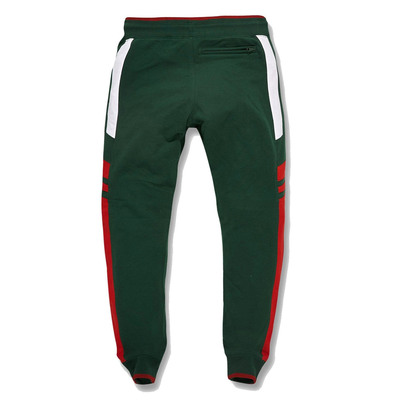 the green and red gucci colorway track pants are solid green and feature tapered ends with red accents