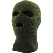 the olive three hole ski mask is olive with two eye holes and a mouth hole