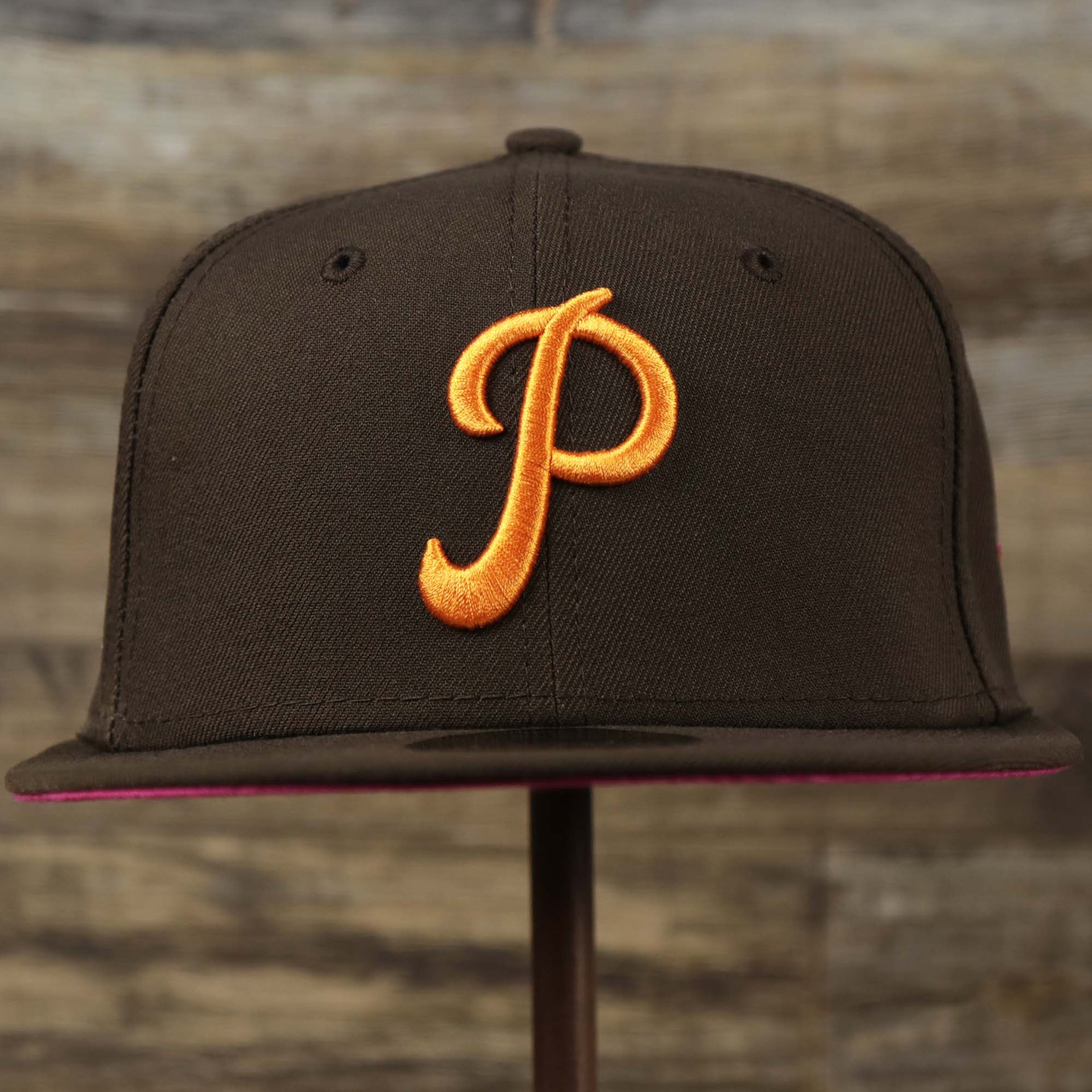 The front of the Cooperstown Philadelphia Phillies Coffee Shop 1952 All Star Game Liberty Bell Side Patch 59Fifty Fitted Cap | Donut Pack Walnut 59Fifty