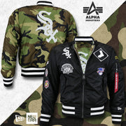 The Chicago White Sox MLB Patch Alpha Industries Reversible Bomber Jacket With Camo Liner | Black Bomber Jacket