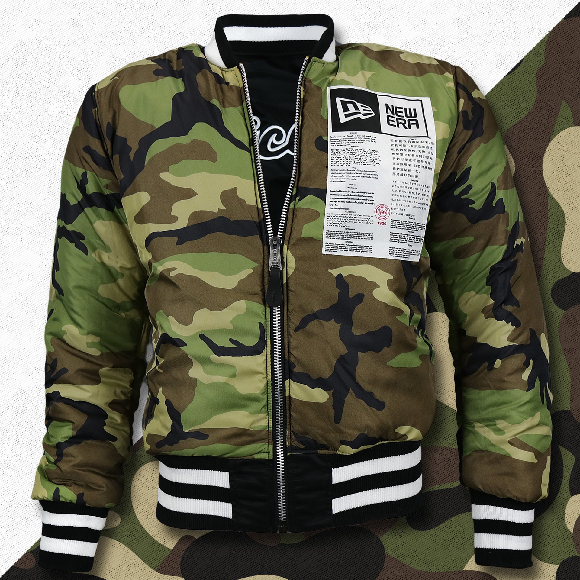 The front of the Camo Liner on the Chicago White Sox MLB Patch Alpha Industries Reversible Bomber Jacket With Camo Liner | Black Bomber Jacket
