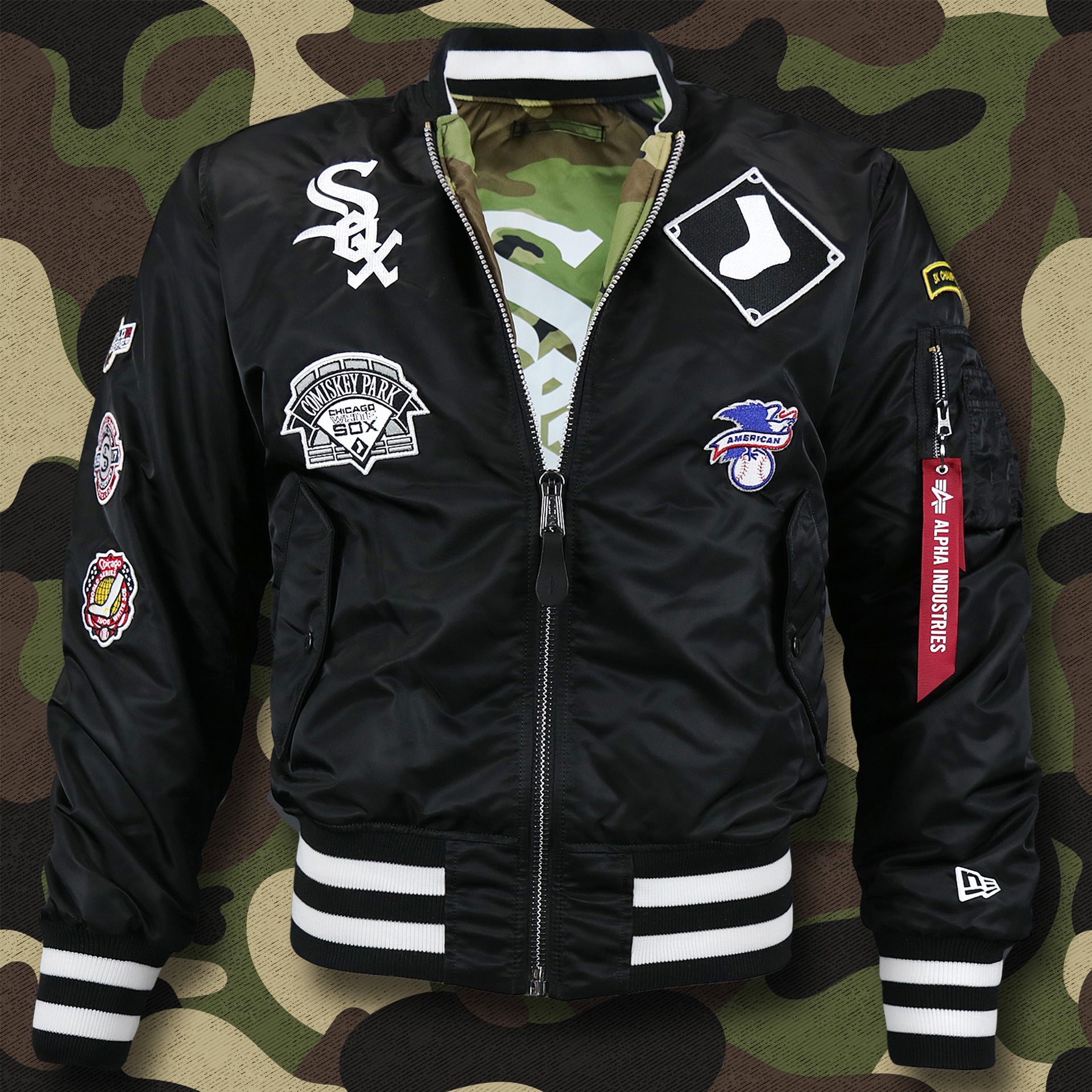 The front of the Chicago White Sox MLB Patch Alpha Industries Reversible Bomber Jacket With Camo Liner | Black Bomber Jacket