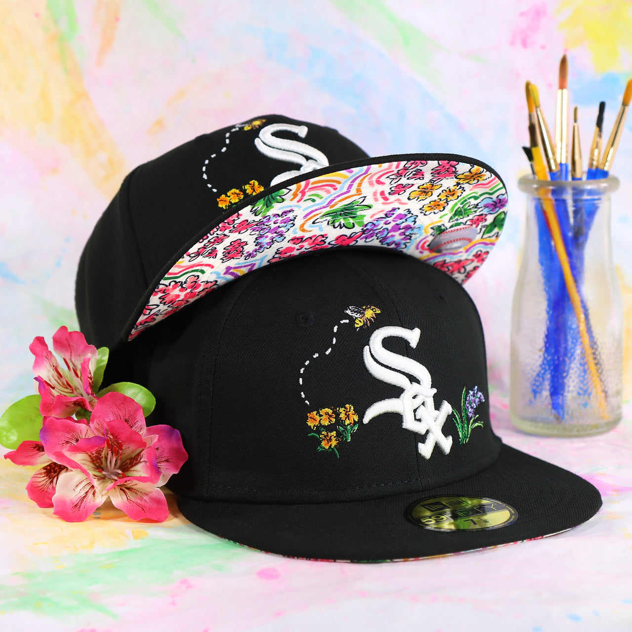 Chicago White Sox Floral Print Undervisor Spring Embroidery 59Fifty Fitted Cap | Black 59Fifty Cap
