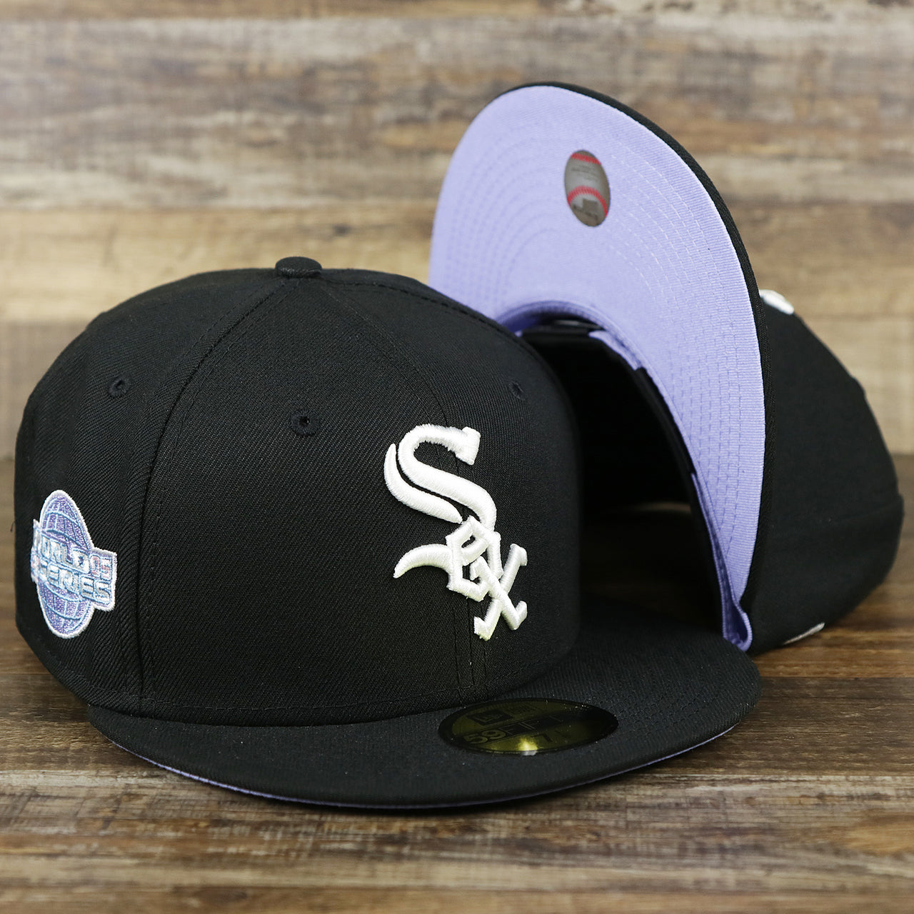 The Chicago White Sox Pop Sweat Pastel World Series Side Patch Fitted Cap With Purple Undervisor | Black 59Fifty Cap