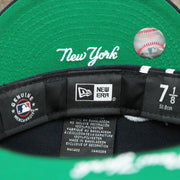 The Tags on the New York Wordmark Side Split New York Yankees Vintage Green Bottom Embroidered Undervisor Fitted Cap | Navy Blue 59Fifty Cap