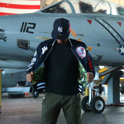 The New York Yankees MLB Patch Alpha Industries Reversible Bomber Jacket With Camo Liner | Navy Blue Bomber Jacket opened