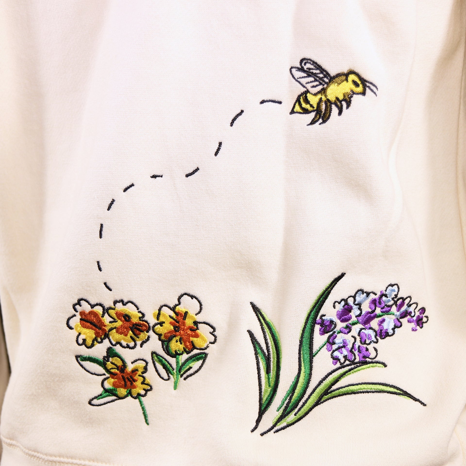 The Spring Flower And Bee Embroidery on the New York Yankees Floral MLB Pullover Hoodies | Cream Pullover Hoodie