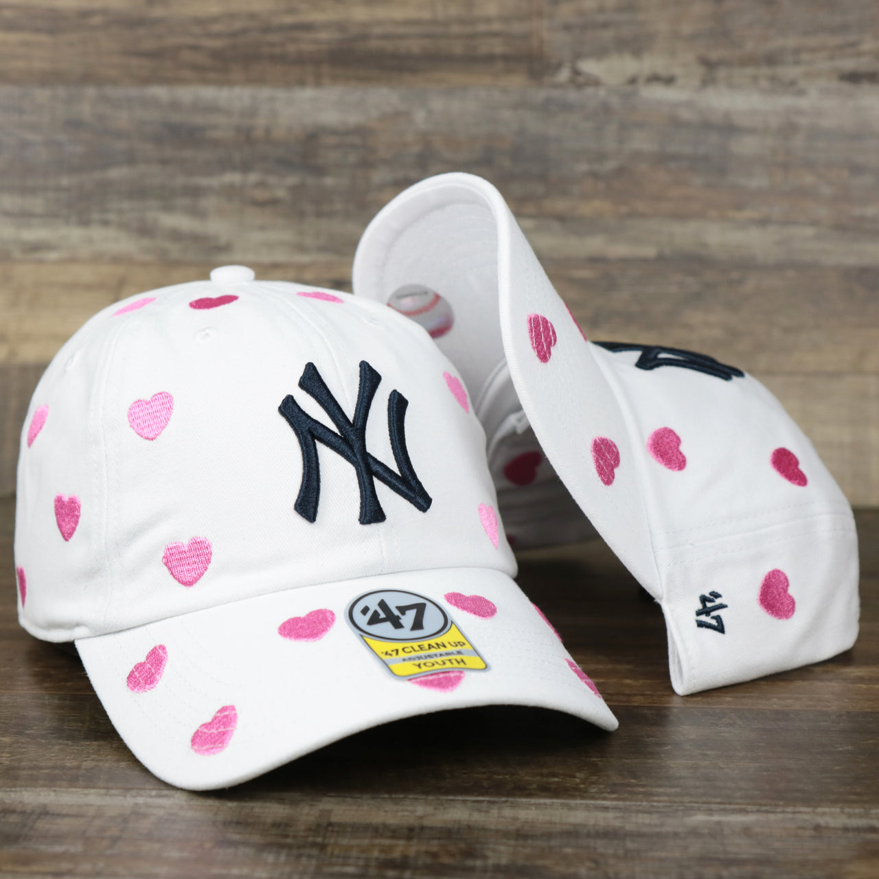 The Kid’s New York Yankees Hearts All Over Dad Hat | White Youth Dad Hat