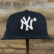 The front of the New York Yankees Metallic All Star Game MLB 2022 Side Patch 59Fifty Mesh Fitted Cap | ASG 2022 Navy Blue 59Fifty Cap