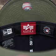 The Tags on the New York Yankees Alpha Industries Side Patch Army Green Undervisor 59FIfty Fitted Cap With Hangtag | Navy Blue 59FIfty Cap