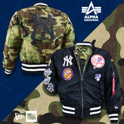 The New York Yankees MLB Patch Alpha Industries Reversible Bomber Jacket With Camo Liner | Navy Blue Bomber Jacket