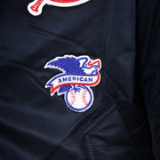 The American League Side Patch on the New York Yankees MLB Patch Alpha Industries Reversible Bomber Jacket With Camo Liner | Navy Blue Bomber Jacket