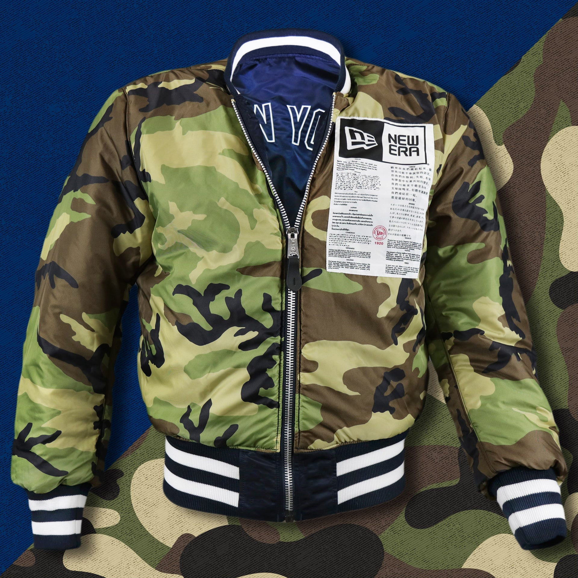 The front of the Camo Liner on the New York Yankees MLB Patch Alpha Industries Reversible Bomber Jacket With Camo Liner | Navy Blue Bomber Jacket