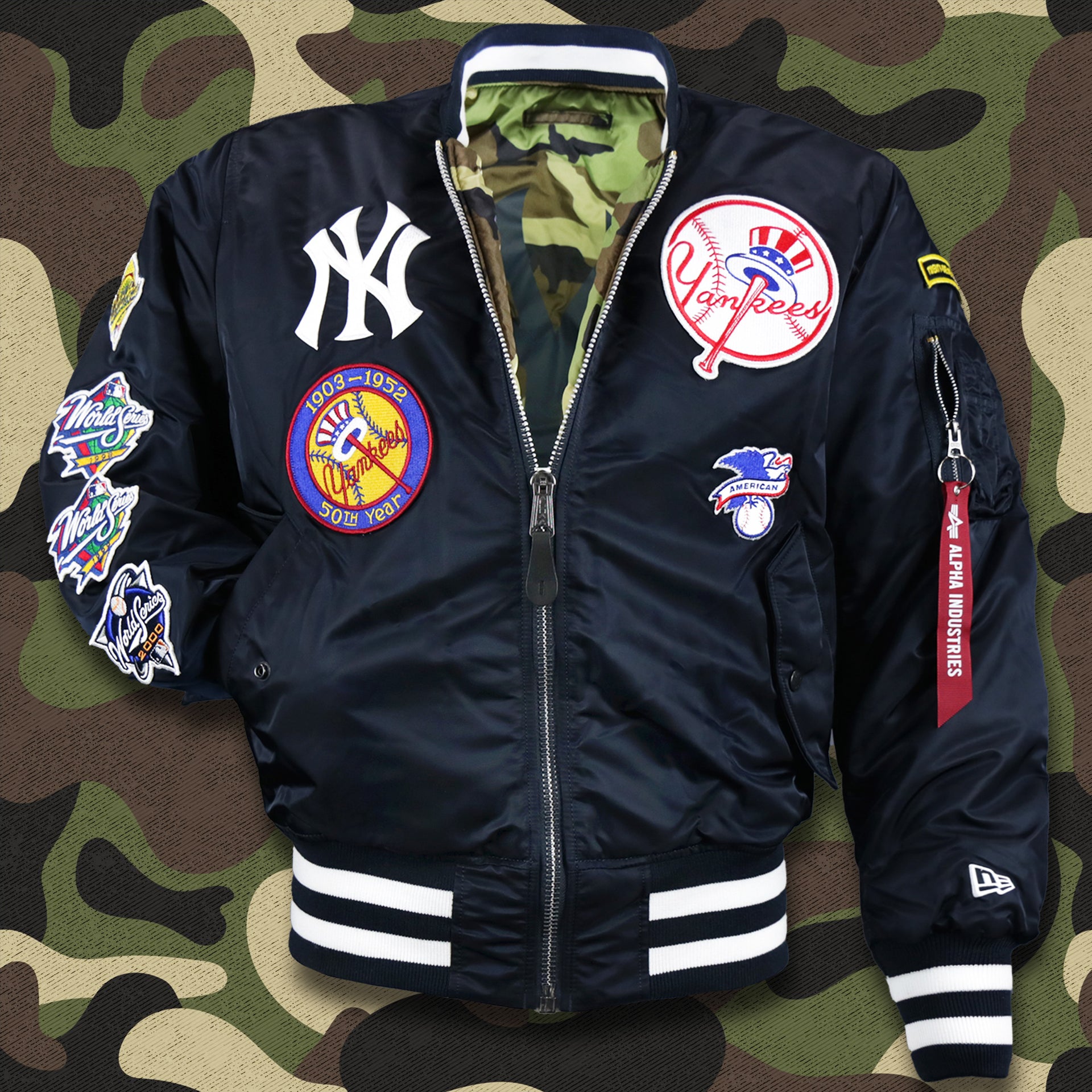 The front of the New York Yankees MLB Patch Alpha Industries Reversible Bomber Jacket With Camo Liner | Navy Blue Bomber Jacket