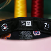 Labels on the interior of the New York Yankees All Over Embroidered Chain Stitch Heart Pink Bottom 59Fifty Fitted Cap | Navy 59Fifty Cap