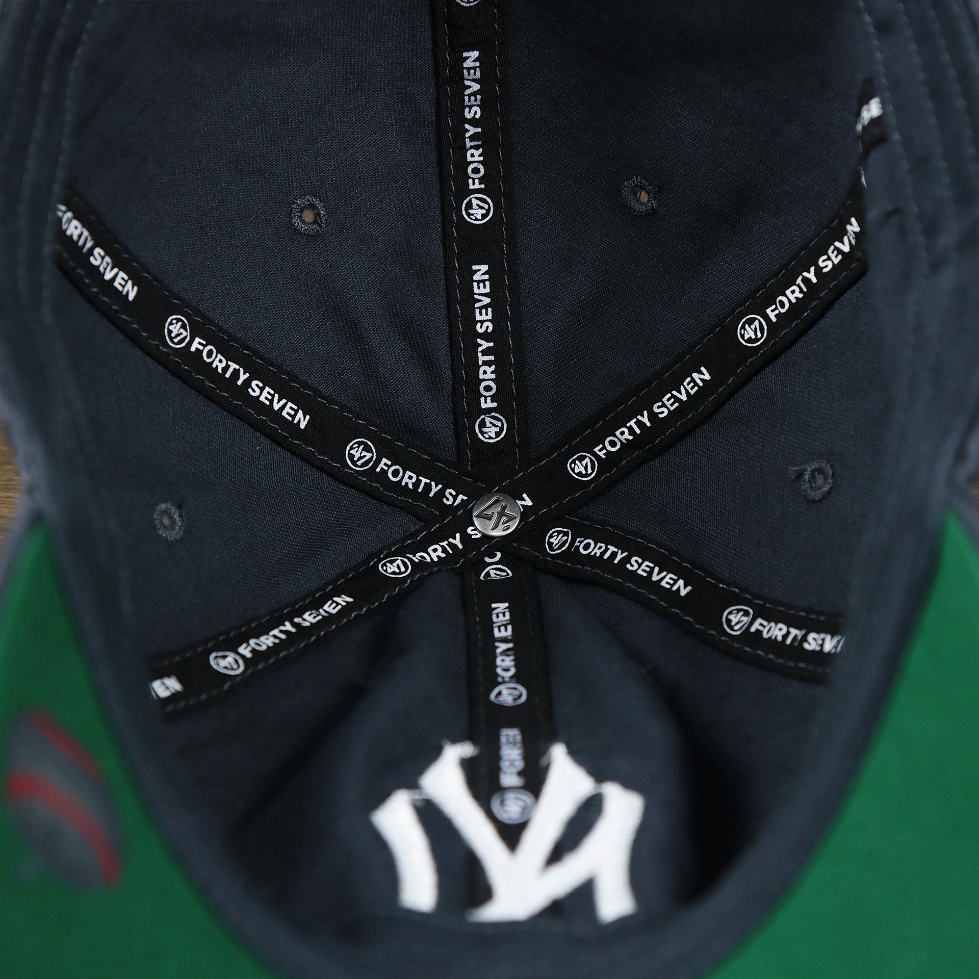 The Inside of the Cooperstown New York Yankees Green Bottom Yankees Wordmark Fitted Cap | Vintage Navy Fitted Cap