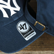 The 47 Brand Sticker on the Cooperstown New York Yankees Retro Yankees Logo Dad Hat | Navy Dad Hat