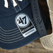 The 47 Brand Sticker on the Cooperstown New York Yankees Green Bottom Mesh Back Snapback Cap | Navy Mesh Snapback