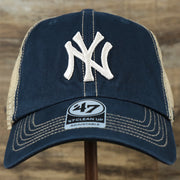 The front of the Cooperstown New York Yankees Green Bottom Mesh Back Snapback Cap | Navy Mesh Snapback