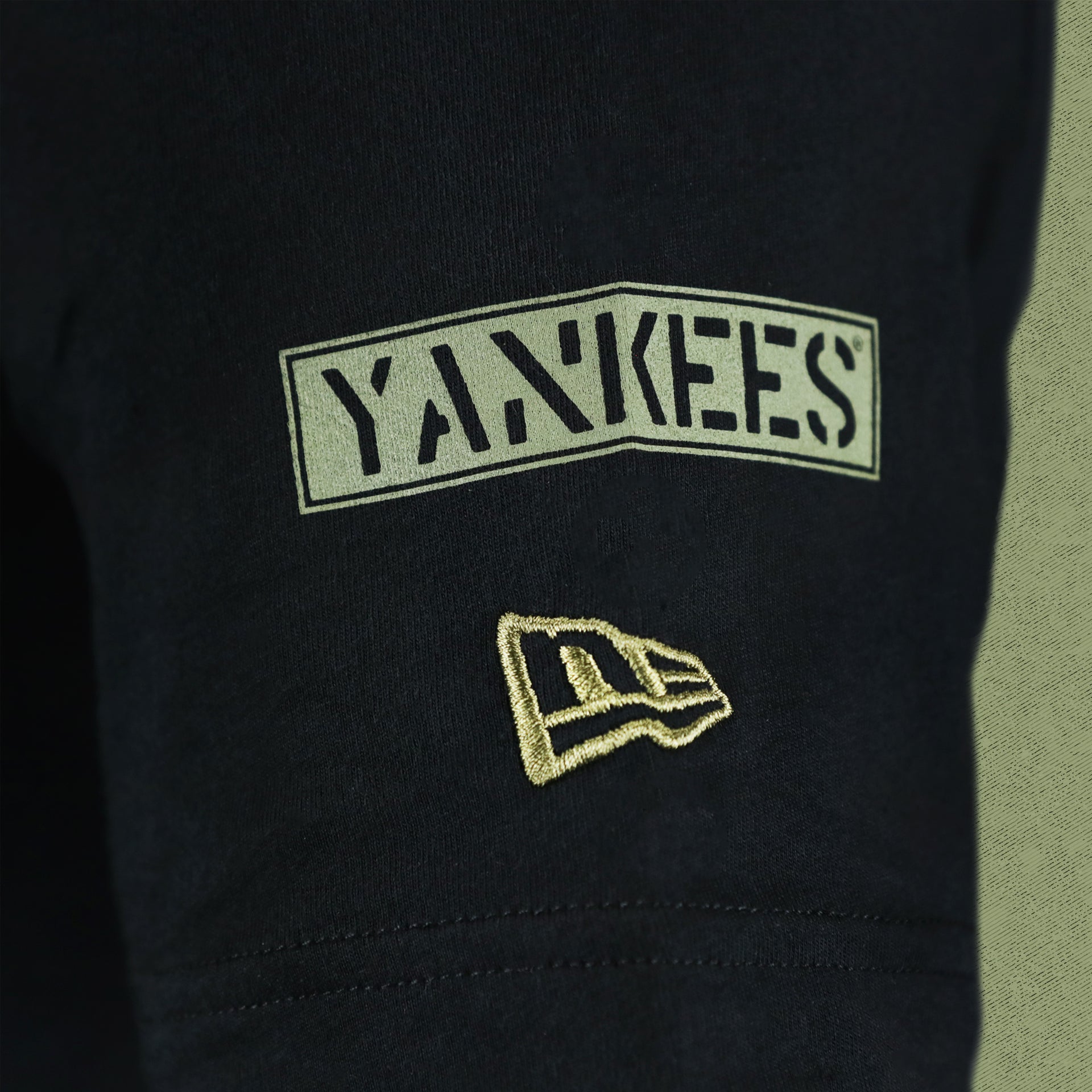 The Yankees Wordmark on the New York Yankees Sports Unite Us Alpha Industries Armed Forces T-Shirt | Black Tshirt
