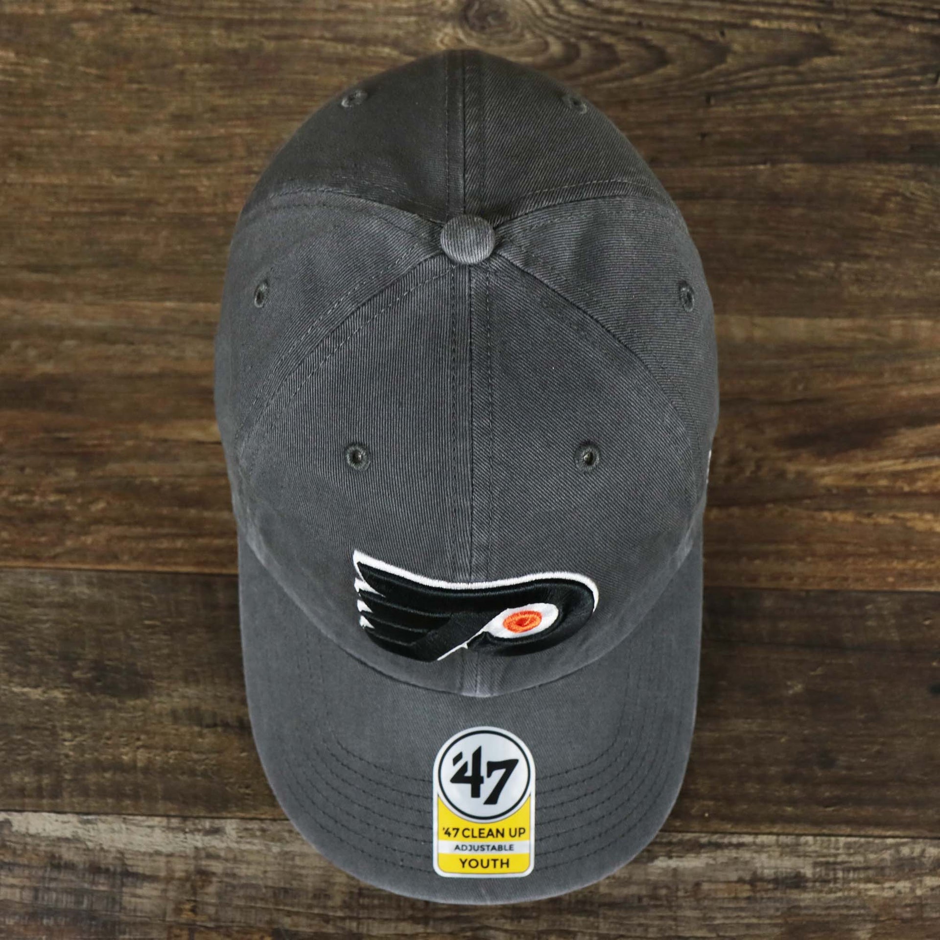 A Overhead view of the Youth Philadelphia Flyers Charcoal Dad Hat | 47 Brand OSFM