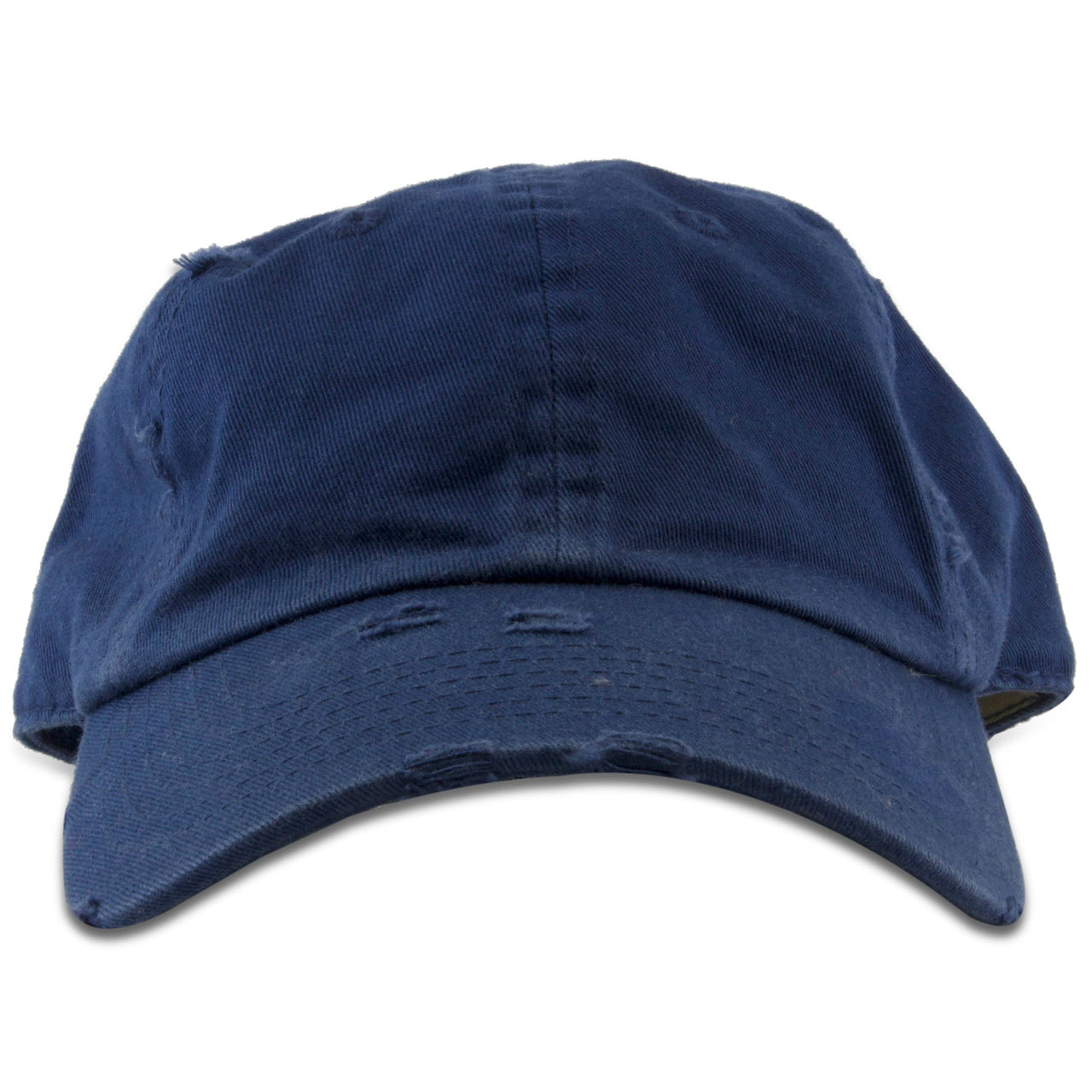 The kid's sized navy blue distressed blank dad hat has a soft unstructured crown and a bent brim