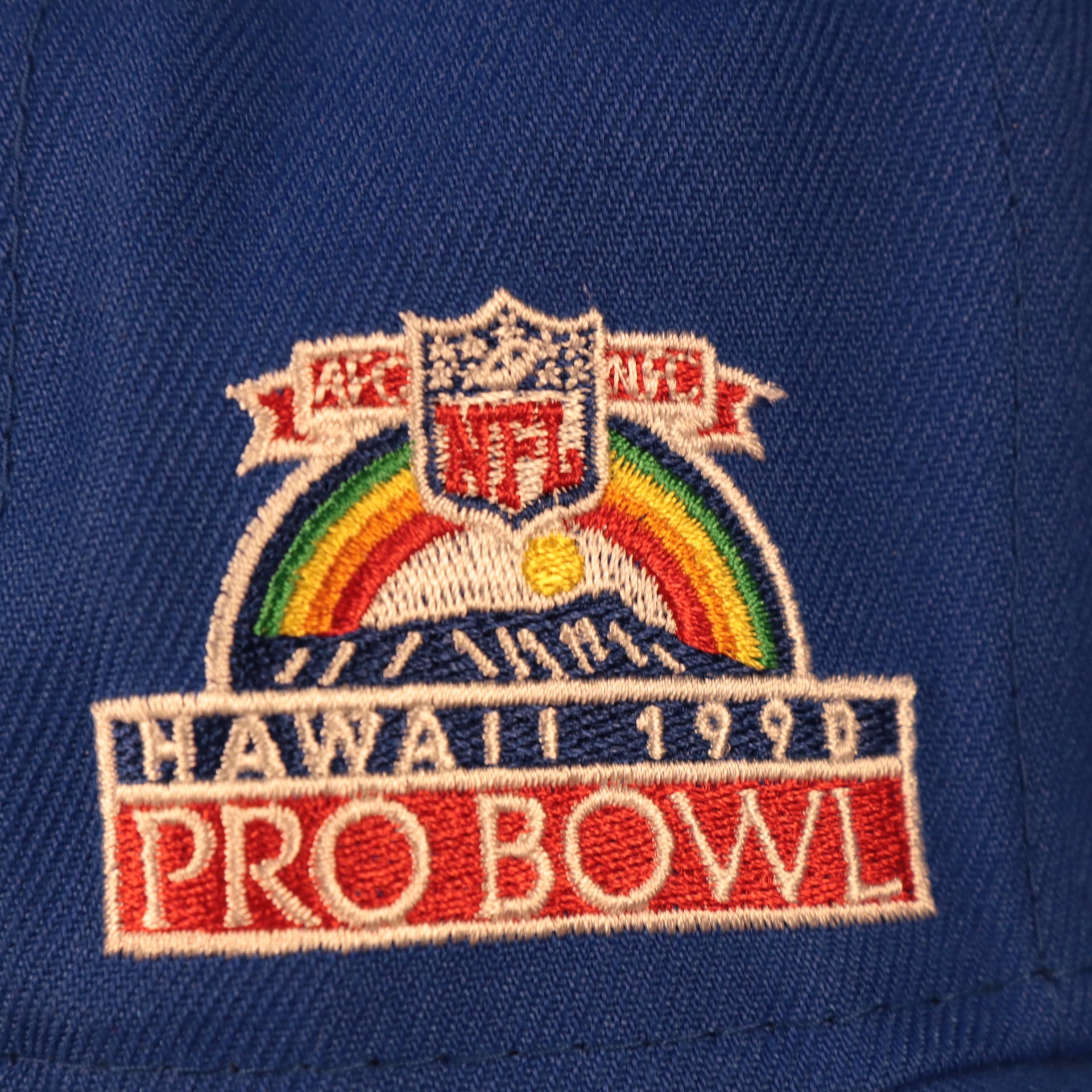 Close up of the 1990 Pro Bowl side patch of the Los Angeles Rams "Patch Up" 1990 Pro Bowl Side Patch Gray Bottom 59Fifty Royal Fitted Cap