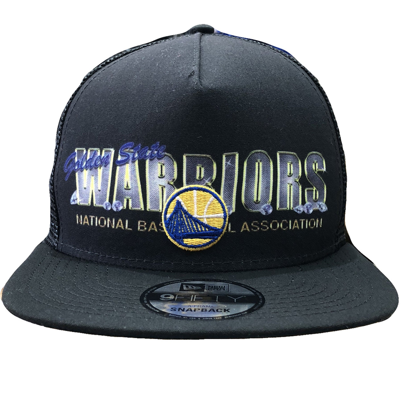 On the front of the Golden State Warriors Diamond Bling Trucker Snapback Hat has the golden state warriors logo embroidered on top of the Warriors print lettering