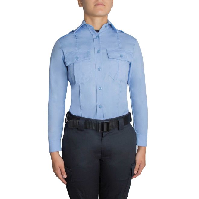 a female police officer wears the TexTrop2 Long Sleeve Women's Uniform Shirt | French Blue Moisture Wicking Police Duty Shirt for Women