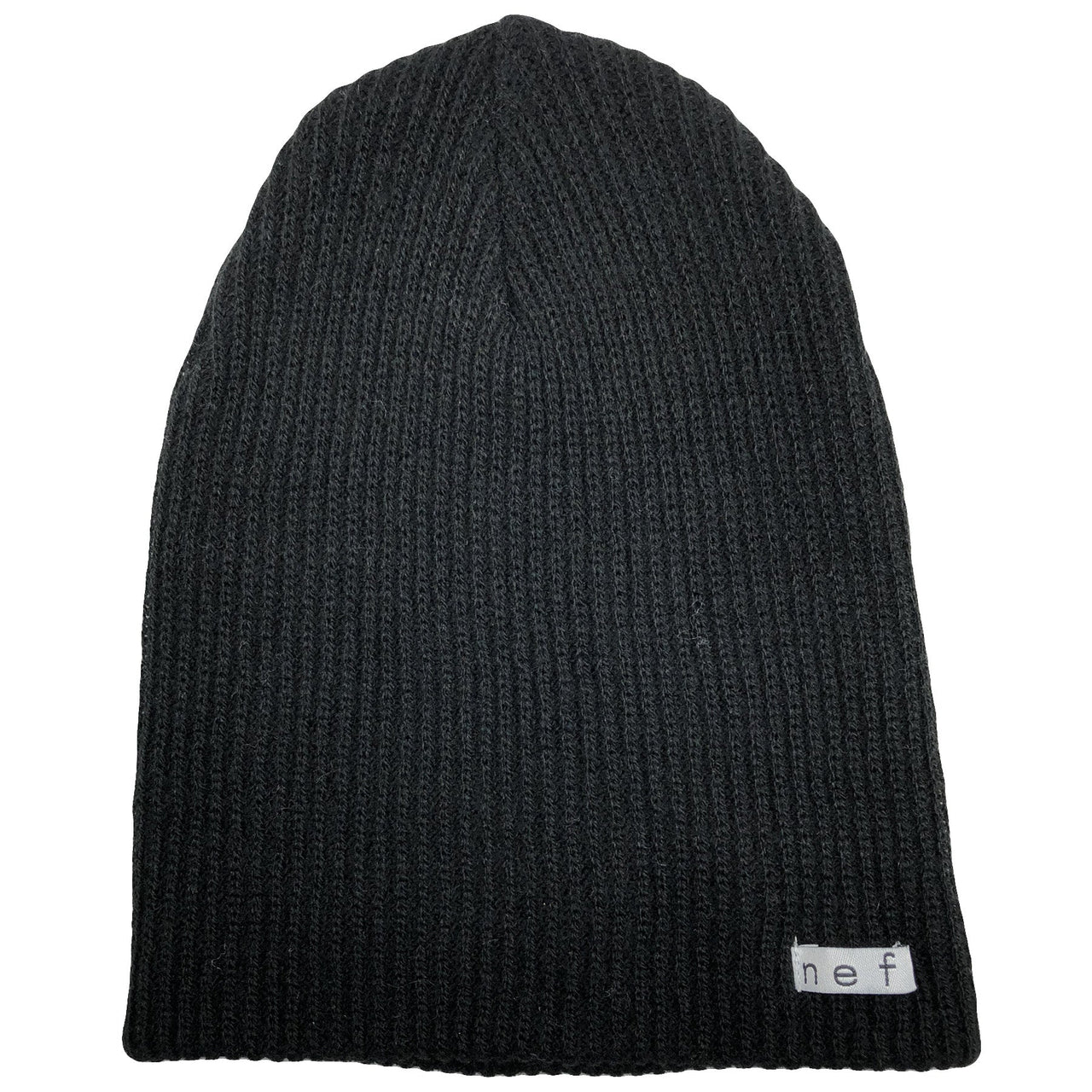 the black neff daily beanie is solid black with a loose knit material and the neff label stitched in white and black