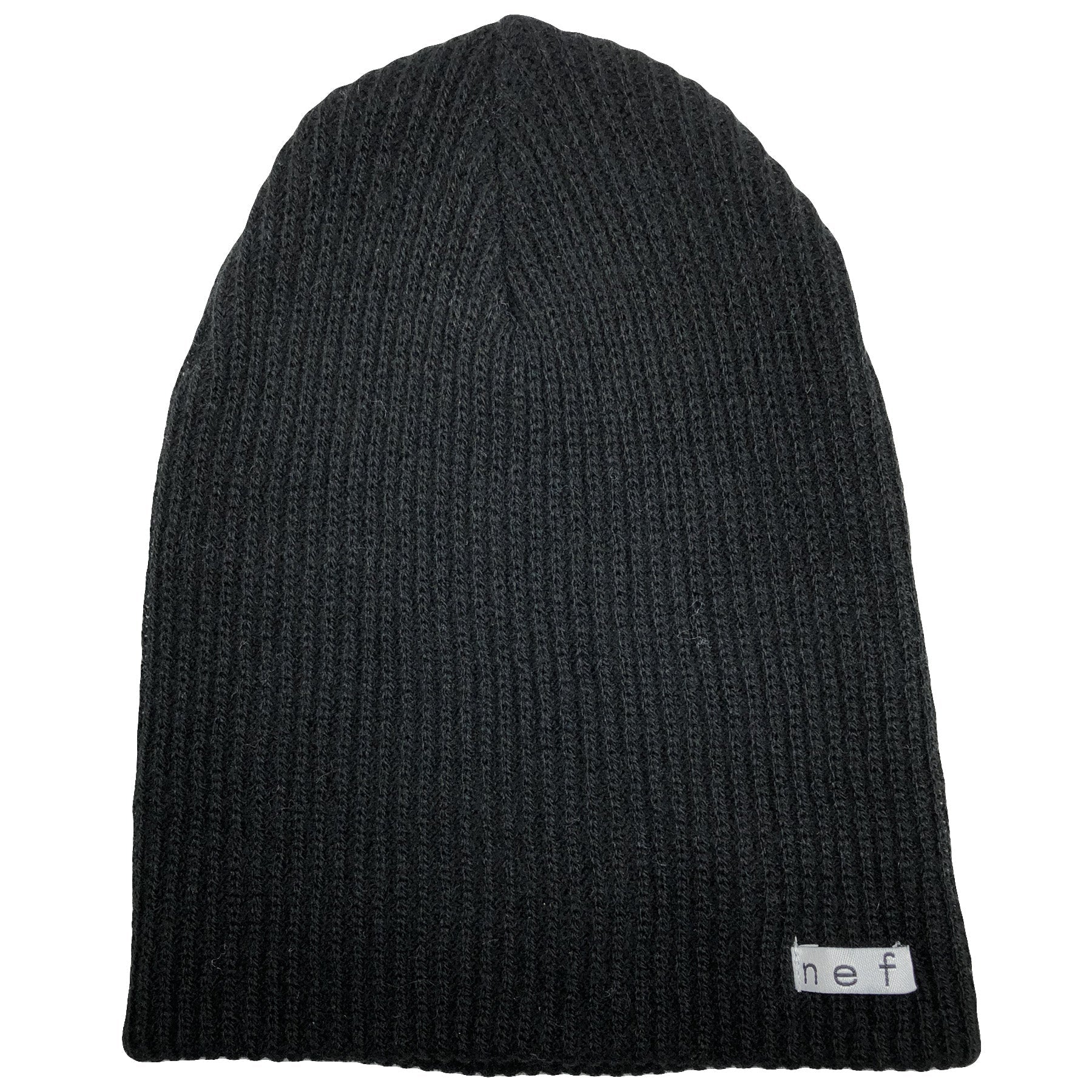 the black neff daily beanie is solid black with a loose knit material and the neff label stitched in white and black