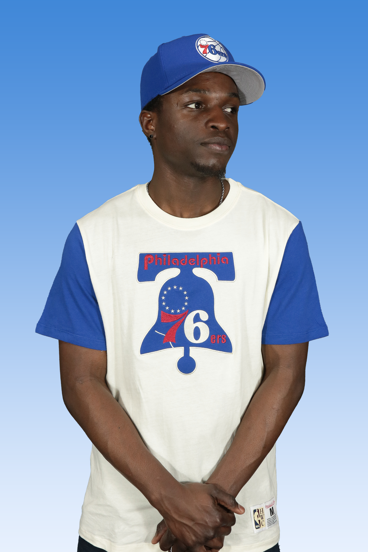 Philadelphia 76ers Liberty Bell logo Hardwood Classics Color Blocked Tee | Royal/Cream T-Shirt