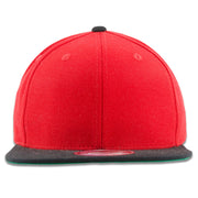 The red on black snapback hat has a high structured red crown with a black flat brim