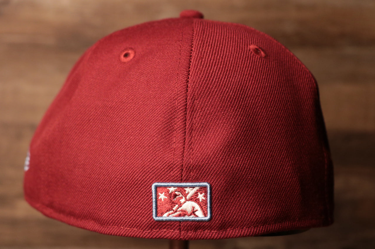 the back of this grey bottom has the minor league logo Grey Bottom Fitted Cap | Jawn Burgundy Gray Bottom Fitted Hat