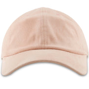 The pink suede baseball cap is solid pink with a pink unstructured crown and a pink bent brim
