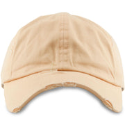 The peach blank distressed dad hat has a soft unstructured crown with a bent brim