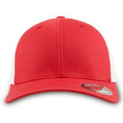 The red and white mesh-back stretch fit hat has a red structured crown and a bent brim