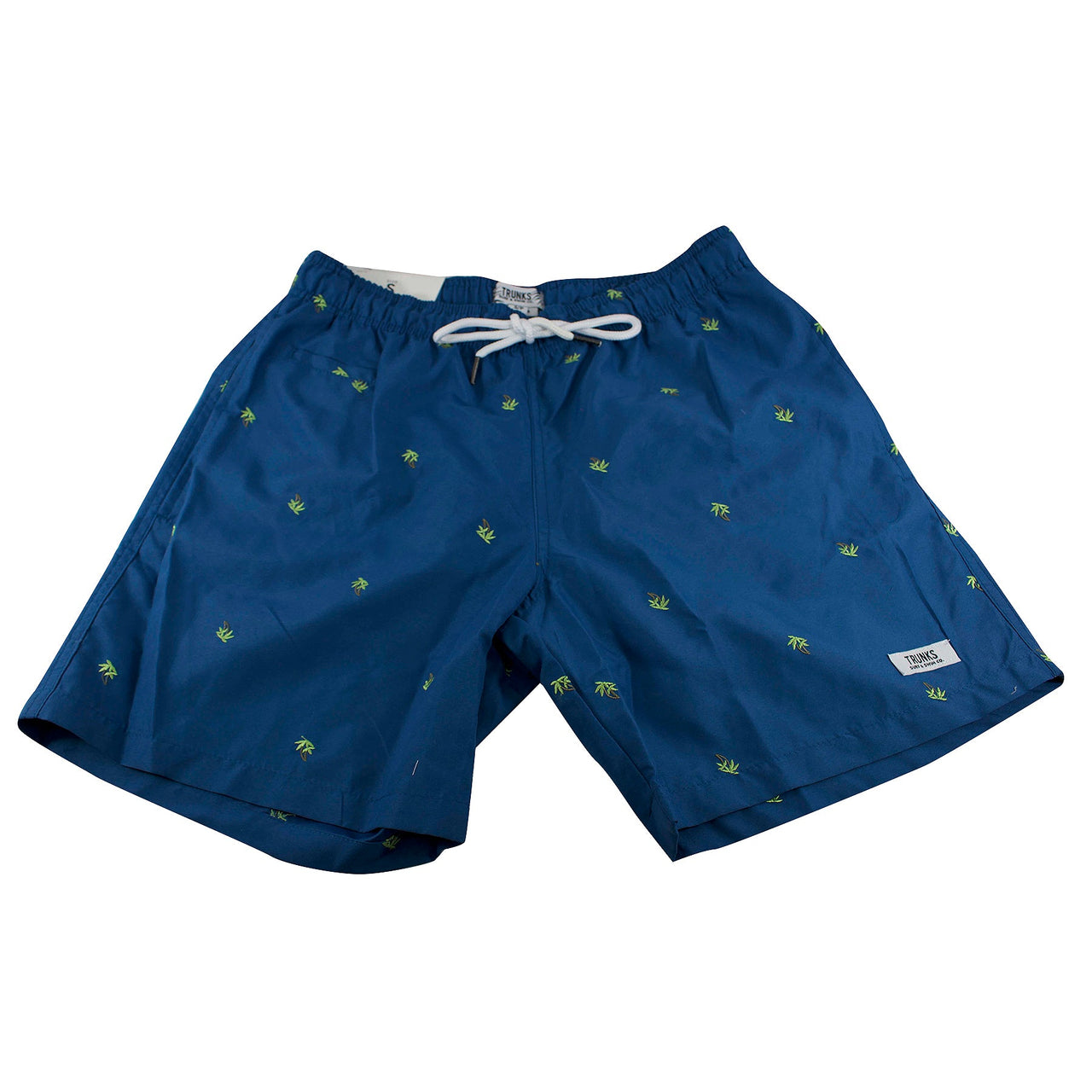 The Trunk Surf and Swim Co Embroidered Palm Tree Swim Shorts are blue with small palm trees embroidered throughout the short