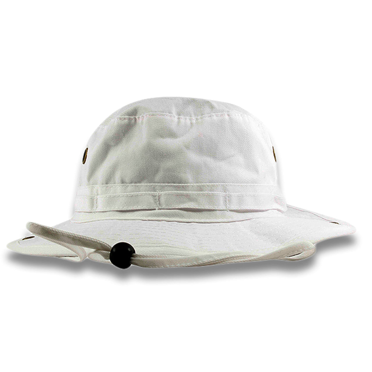 The white boonie bucket hat is solid white with a white adjustable draw string