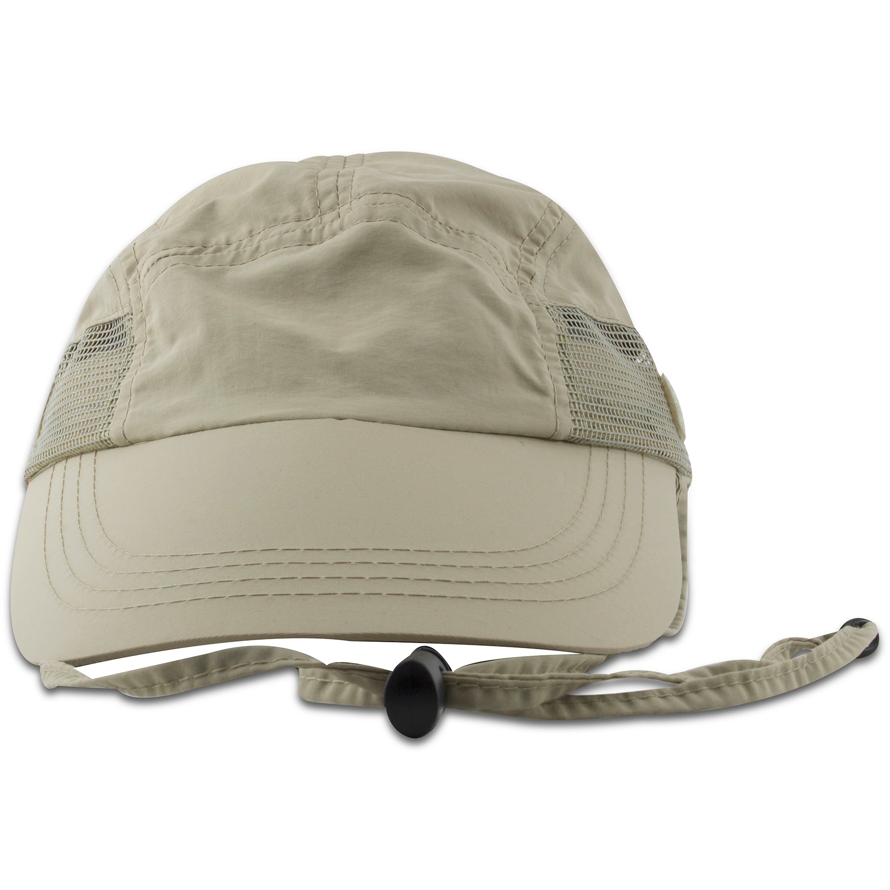 The khaki supplex big brim hat has a long brim and a draping protective neck-piece