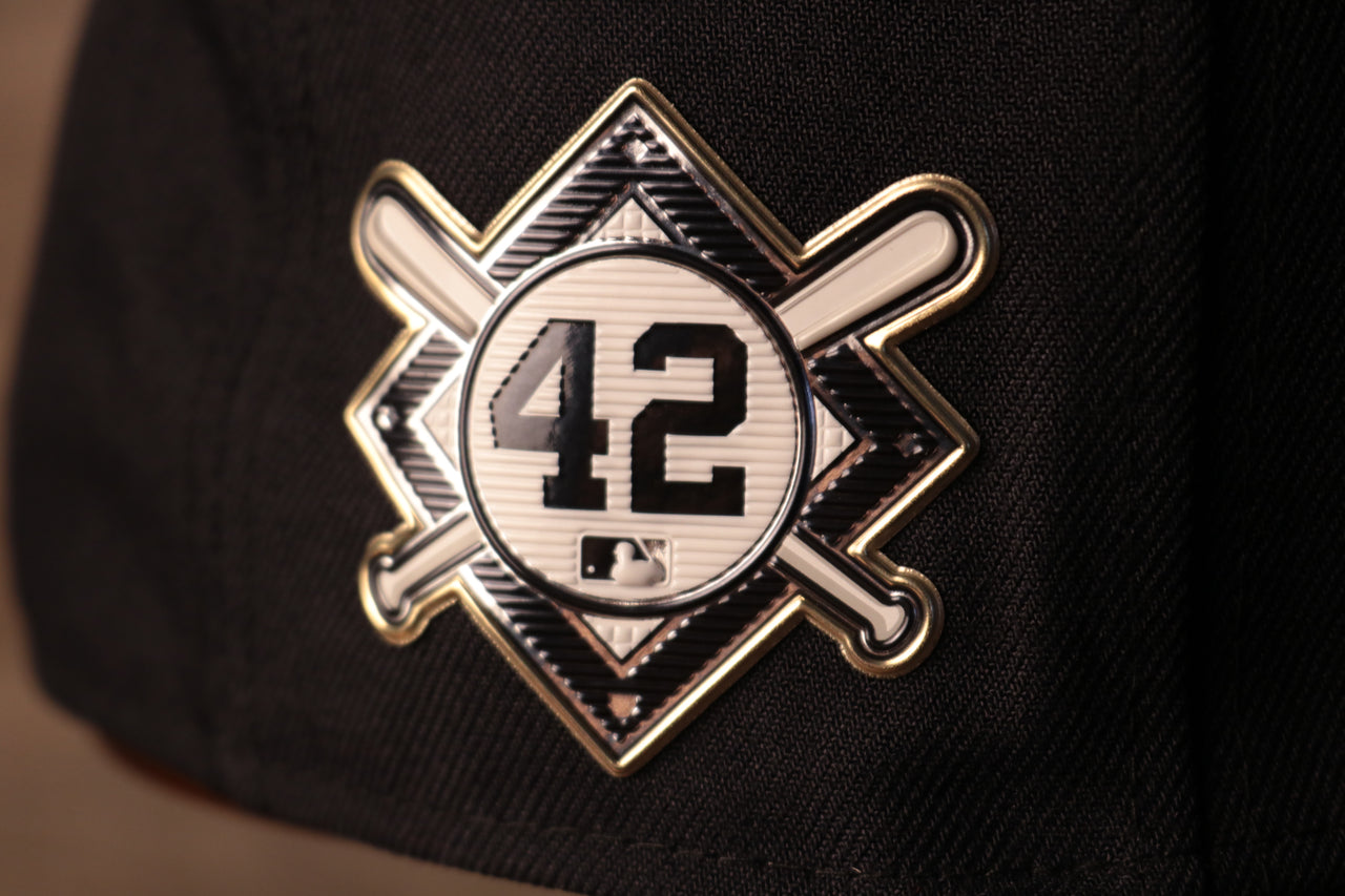 jackie robinson number 42 side patch on the Yankees Jackie Robinson 59Fifty Fitted Cap | New York Yankees On-Field Jackie Robinson Number 42 Side Patch Navy Fitted Hat