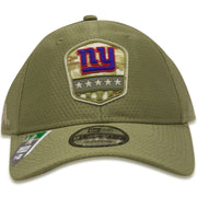 the front of the New York Giants 2019 Salute to Service Dad Hat | Olive Green NFL On Field NY Giants Baseball Cap