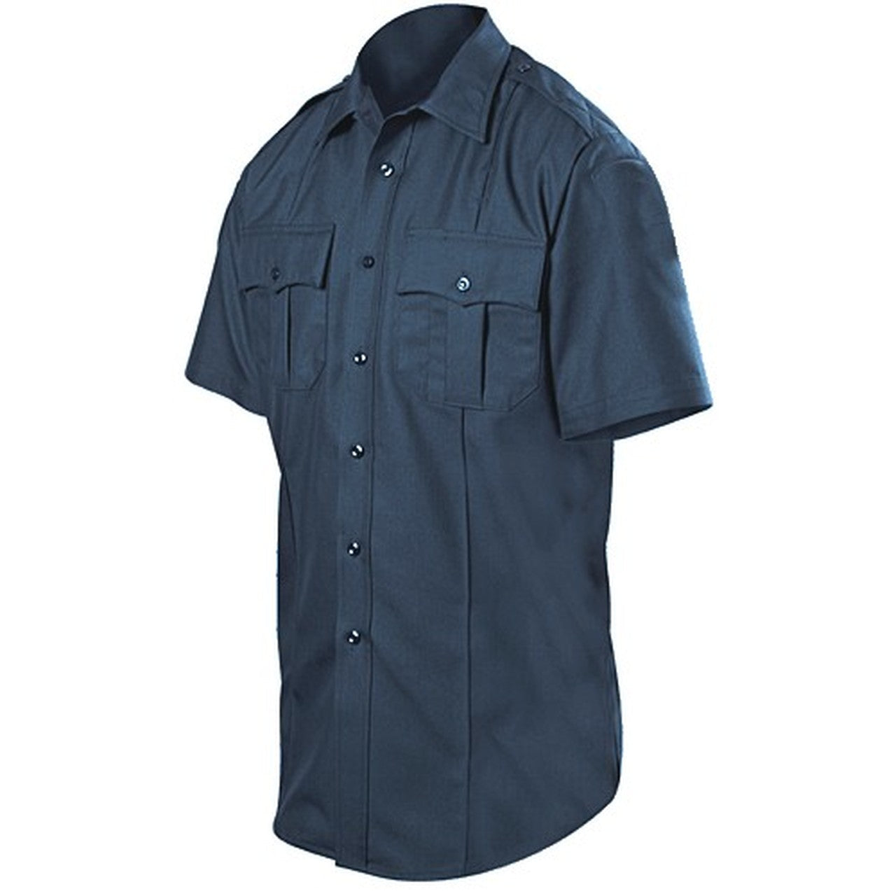 the Firemen Police Public Safety | Wool Blend Short Sleeve Navy Uniform Collared Shirt | Class Act Polywool Dark Blue Button Down Duty Shirt has extra length and looks professional
