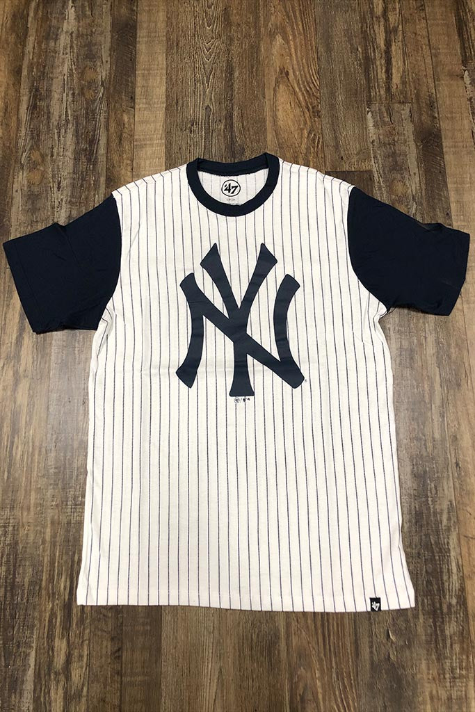 Yankees Vintage T-Shirt | New York Yankees Retro White Short Sleeve | Yankees Throwback White/Navy Pinstriped Shirt front shotYankees Vintage T-Shirt | New York Yankees Retro White Short Sleeve | Yankees Throwback White/Navy Pinstriped Shirt