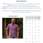 The sizing chart of the New York Yankees Authentic Hawaiian Print Polo Shirt