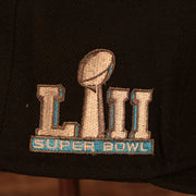 Close up of the Super Bowl LII patch on the Philadelphia Eagles "Patch Up" Super Bowl LII Side Patch Gray Bottom 9Fifty Black Snapback Hat