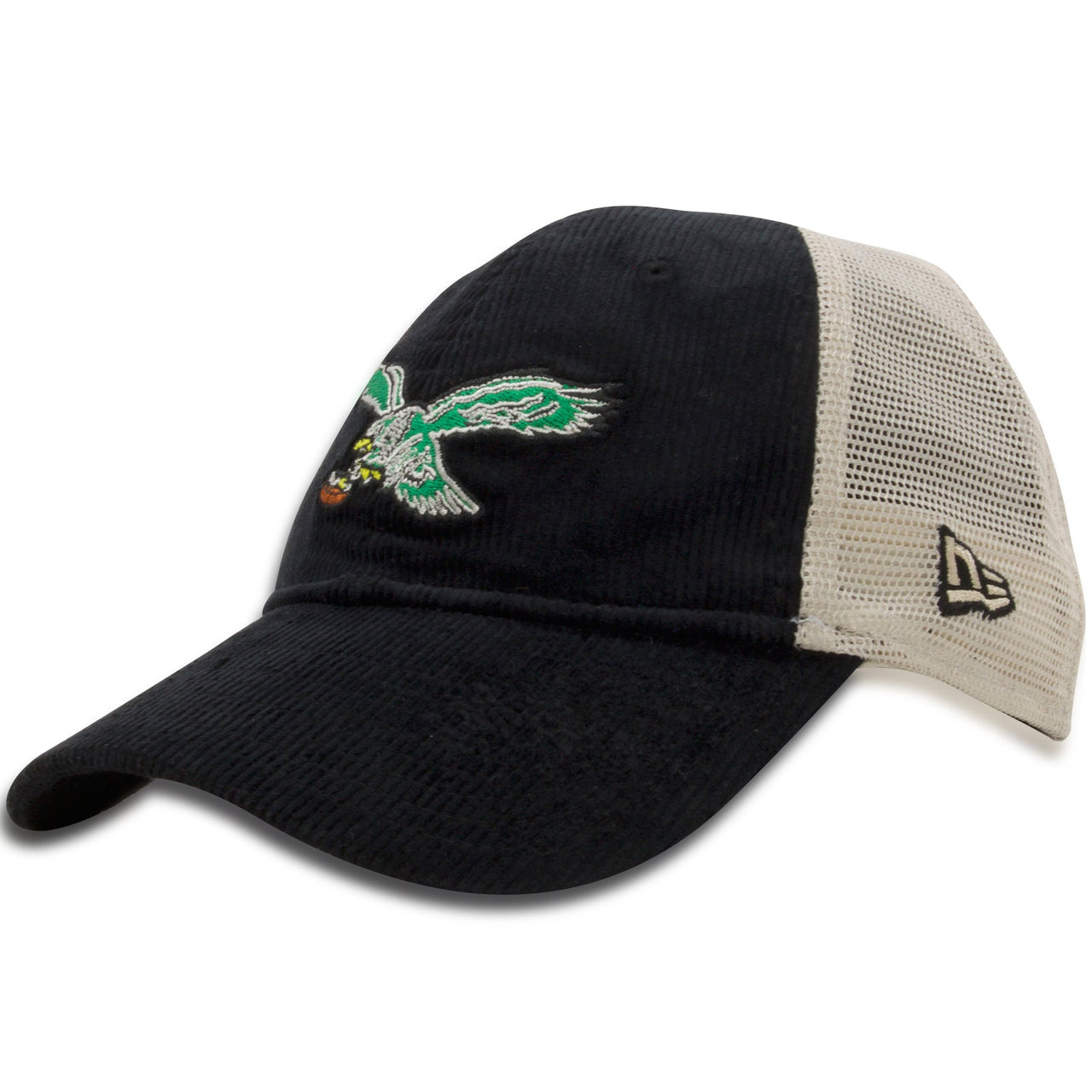 side shot Eagles Mesh back hat | Philadelphia Birds Throwback Black Corduroy Trucker Hat